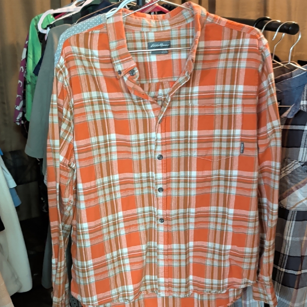 Eddie Bauer Men's Orange and White Plaid Shirt